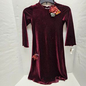 New Girls Burgundy Red Long Sleeve Velvet 3D Floral Dress Rosetta Millington 6X